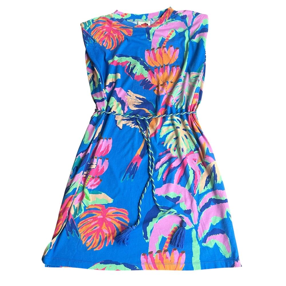 FARM Rio Tropical Bird Print Cotton Dress Tassel Belt Blue Small Retail $260